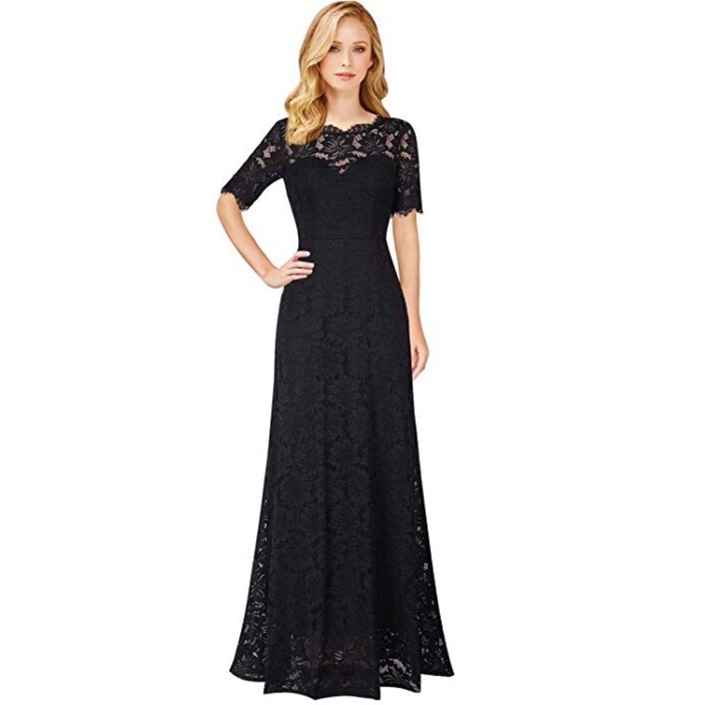 Black Floral Lace Floor-Length Dress